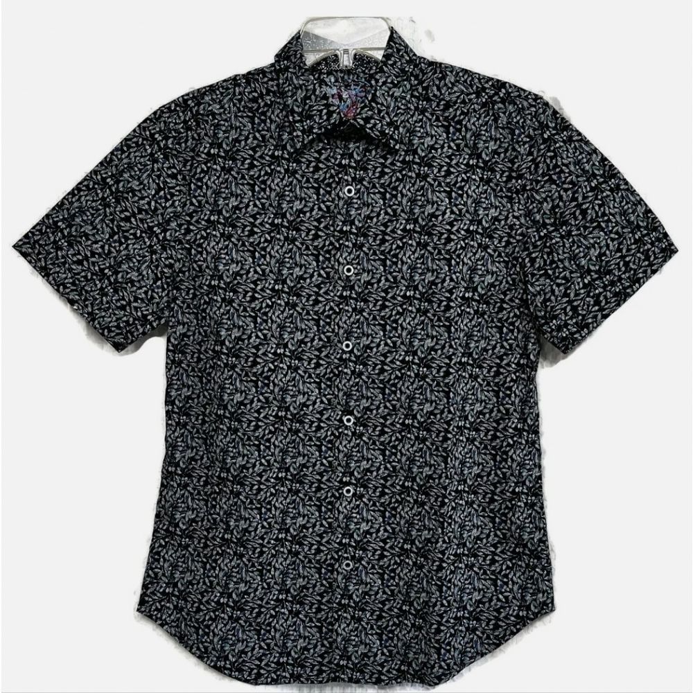 Robert Graham Black Short-Sleeve Button-Down with White Leaf Print